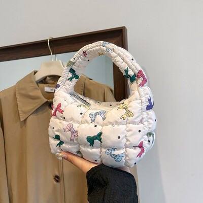Geantă puffer pentru femei, cu imprimeu cu fundiță, mini geantă pliată, la modă, cu bule, cu fermoar, geantă hobo, ghiozdan pentru încheietura mâinii