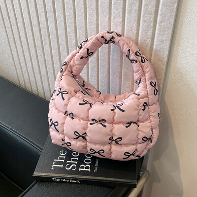 Geantă puffer pentru femei, cu imprimeu cu fundiță, mini geantă pliată, la modă, cu bule, cu fermoar, geantă hobo, ghiozdan pentru încheietura mâinii