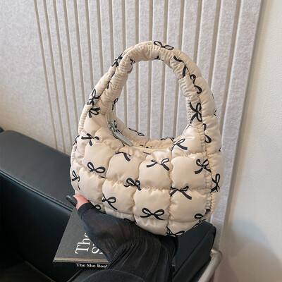 Geantă puffer pentru femei, cu imprimeu cu fundiță, mini geantă pliată, la modă, cu bule, cu fermoar, geantă hobo, ghiozdan pentru încheietura mâinii