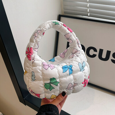 Geantă puffer pentru femei, cu imprimeu cu fundiță, mini geantă pliată, la modă, cu bule, cu fermoar, geantă hobo, ghiozdan pentru încheietura mâinii