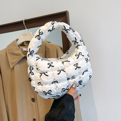 Geantă puffer pentru femei, cu imprimeu cu fundiță, mini geantă pliată, la modă, cu bule, cu fermoar, geantă hobo, ghiozdan pentru încheietura mâinii