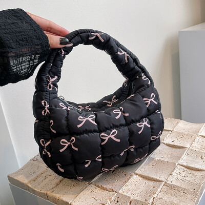 Geantă puffer pentru femei, cu imprimeu cu fundiță, mini geantă pliată, la modă, cu bule, cu fermoar, geantă hobo, ghiozdan pentru încheietura mâinii