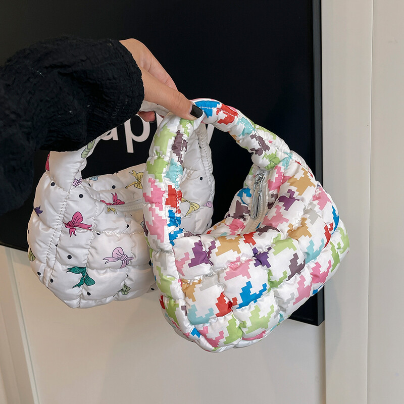 Geantă puffer pentru femei, cu imprimeu cu fundiță, mini geantă pliată, la modă, cu bule, cu fermoar, geantă hobo, ghiozdan pentru încheietura mâinii