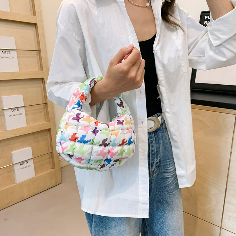 Geantă puffer pentru femei, cu imprimeu cu fundiță, mini geantă pliată, la modă, cu bule, cu fermoar, geantă hobo, ghiozdan pentru încheietura mâinii