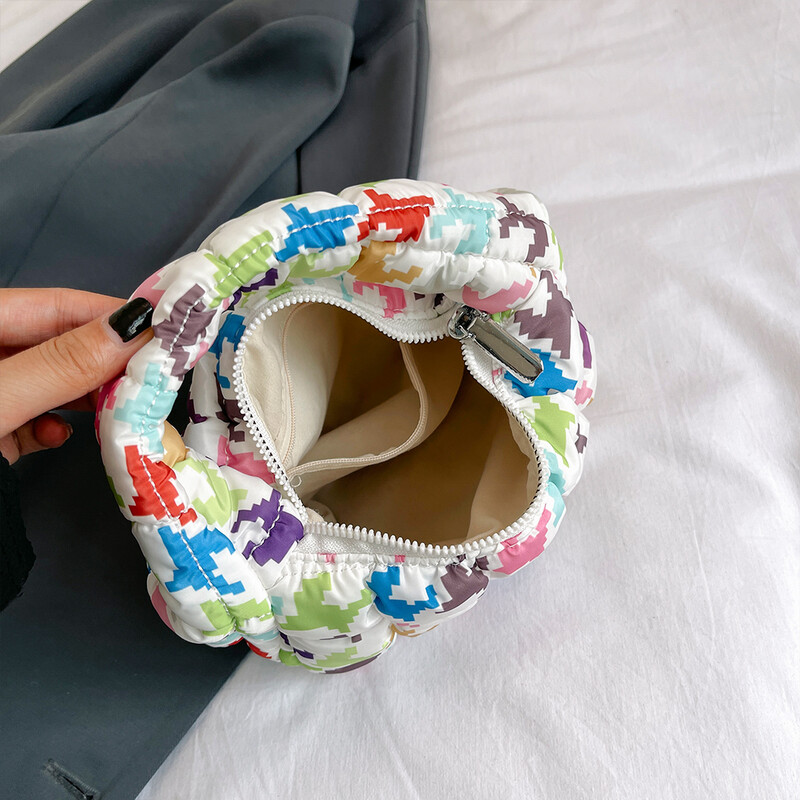 Geantă puffer pentru femei, cu imprimeu cu fundiță, mini geantă pliată, la modă, cu bule, cu fermoar, geantă hobo, ghiozdan pentru încheietura mâinii
