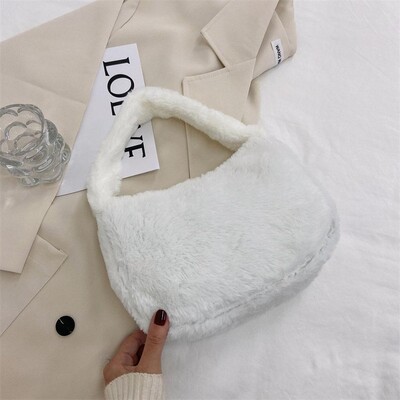 Geantă de umăr din blană artificială Y2K, pentru femei, genți de mână din pluș, de culoare solidă, geantă de subrat, pentru fete, poșetă Hobos