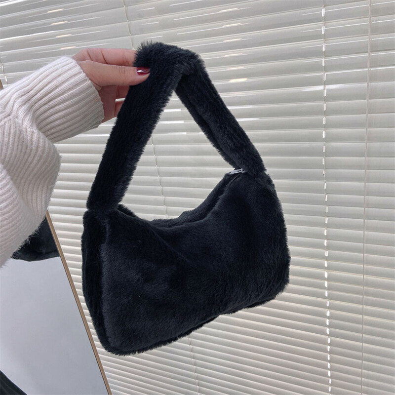Geantă de umăr din blană artificială Y2K, pentru femei, genți de mână din pluș, de culoare solidă, geantă de subrat, pentru fete, poșetă Hobos