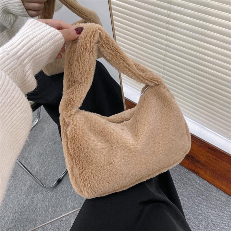 Geantă de umăr din blană artificială Y2K, pentru femei, genți de mână din pluș, de culoare solidă, geantă de subrat, pentru fete, poșetă Hobos