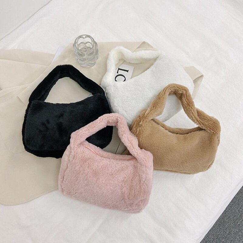 Geantă de umăr din blană artificială Y2K, pentru femei, genți de mână din pluș, de culoare solidă, geantă de subrat, pentru fete, poșetă Hobos