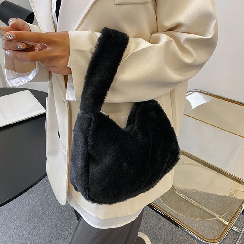 Geantă de umăr din blană artificială Y2K, pentru femei, genți de mână din pluș, de culoare solidă, geantă de subrat, pentru fete, poșetă Hobos