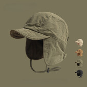 Pălărie de pilot din catifea, retro japoneză, de culoare solidă, iarnă, în aer liber, cu protecție pentru urechi, rezistentă la vânt, pentru bărbați și femei