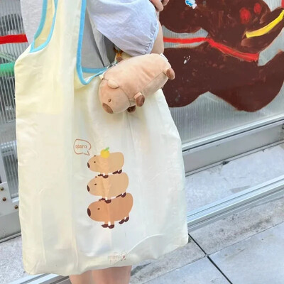Geantă drăguță Capybara de mare capacitate pentru cumpărături cu păpușă Geantă portabilă ușoară Organizator creativ pliabil din pânză pentru călătorii