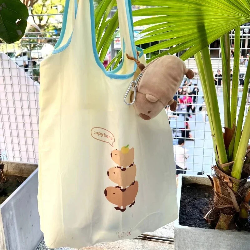 Geantă drăguță Capybara de mare capacitate pentru cumpărături cu păpușă Geantă portabilă ușoară Organizator creativ pliabil din pânză pentru călătorii