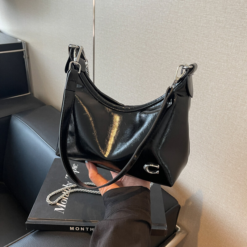 Geantă de umăr de modă PU pentru femei, geantă de mesager la modă, cu închidere cu fermoar, geantă cu lanț, curea reglabilă, geantă hobo șic