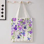 Geantă reutilizabilă cu flori de fluture, model cu buruieni colorate, pentru cumpărături, geantă mare de umăr, pliabile, utilitare
