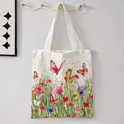Geantă reutilizabilă cu flori de fluture, model cu buruieni colorate, pentru cumpărături, geantă mare de umăr, pliabile, utilitare