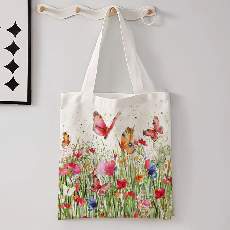 Geantă reutilizabilă cu flori de fluture, model cu buruieni colorate, pentru cumpărături, geantă mare de umăr, pliabile, utilitare