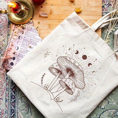 Mushroom Spiritual Moon Pattern Tote Bag, Canvas Moderns Saliekams plecu soma ikdienas braucieniem, Sieviešu iepirkumu soma