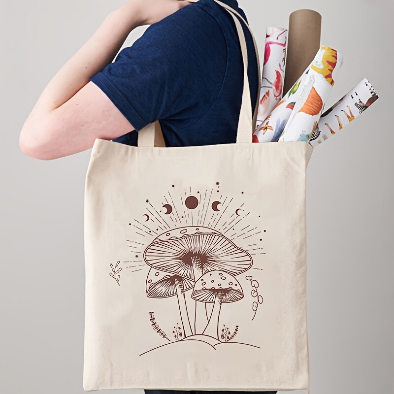 Geantă tote cu model de lună spirituală ciuperci, geantă de umăr pliabilă la modă din pânză pentru naveta zilnică, geantă de cumpărături pentru femei