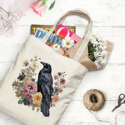 1 buc. Genți de tote din pânză, cu model de corb și flori, geantă de umăr elegantă și spațioasă pentru călătorie și cumpărături Prieten cadou pentru studenți