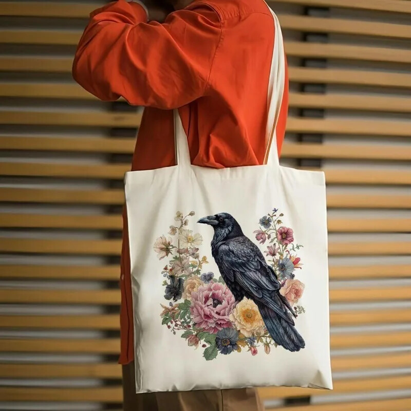 1 buc. Genți de tote din pânză, cu model de corb și flori, geantă de umăr elegantă și spațioasă pentru călătorie și cumpărături Prieten cadou pentru studenți