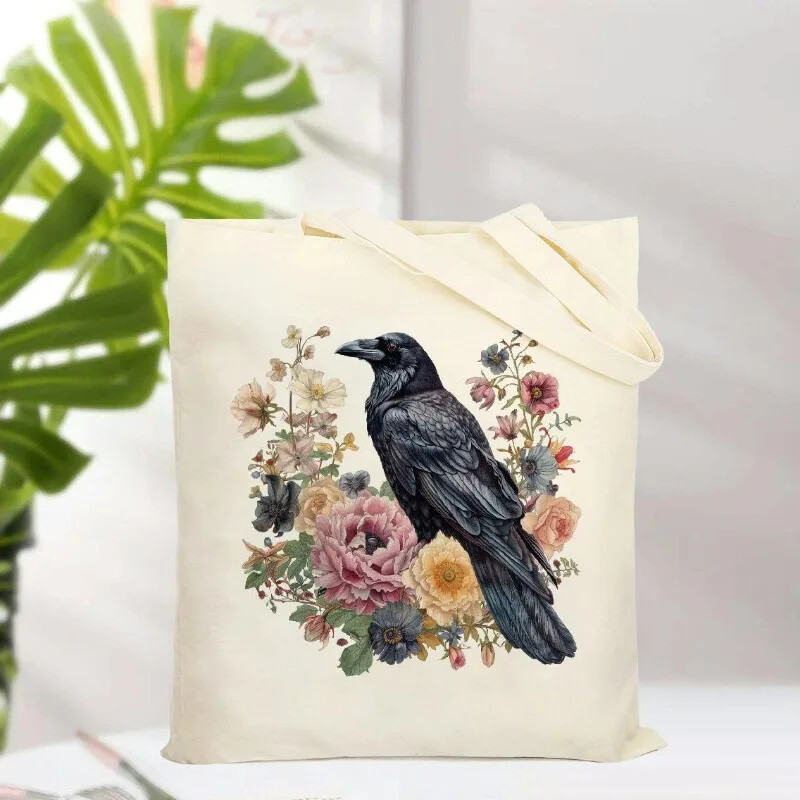1 buc. Genți de tote din pânză, cu model de corb și flori, geantă de umăr elegantă și spațioasă pentru călătorie și cumpărături Prieten cadou pentru studenți