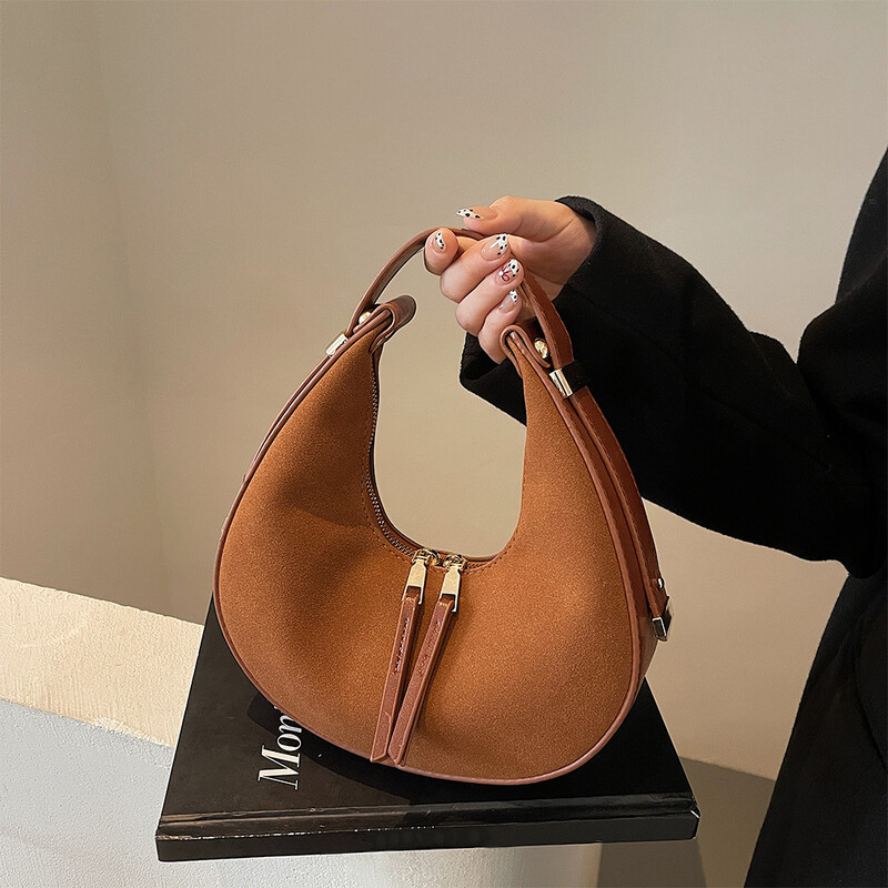 Genți de modă Half Moon Geantă de umăr pentru femei din piele intoarsa artificiala Geanta de mână vintage Închidere cu fermoar Geanta hobo șic Genți la subrat de înaltă calitate