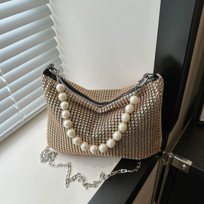 Geantă de mână delicată cu perle pline cu strasuri, geantă de umăr pentru petrecere, auriu strălucitor, geantă de umăr, elegantă, argintie, posetă pentru bani pentru telefon pentru femei