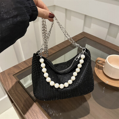 Geantă de mână delicată cu perle pline cu strasuri, geantă de umăr pentru petrecere, auriu strălucitor, geantă de umăr, elegantă, argintie, posetă pentru bani pentru telefon pentru femei