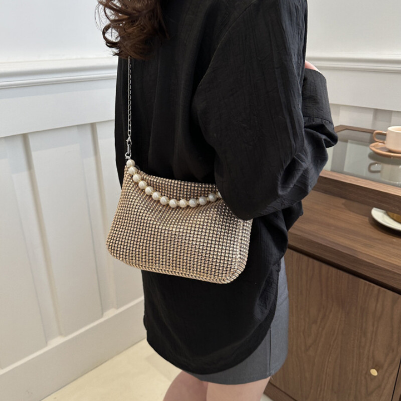 Geantă de mână delicată cu perle pline cu strasuri, geantă de umăr pentru petrecere, auriu strălucitor, geantă de umăr, elegantă, argintie, posetă pentru bani pentru telefon pentru femei