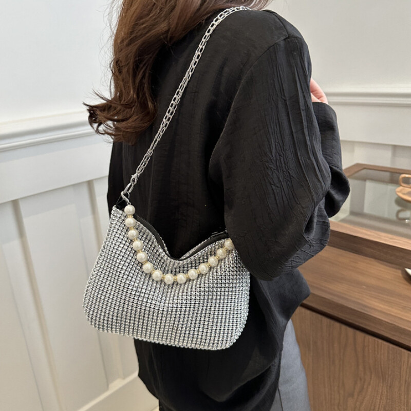 Geantă de mână delicată cu perle pline cu strasuri, geantă de umăr pentru petrecere, auriu strălucitor, geantă de umăr, elegantă, argintie, posetă pentru bani pentru telefon pentru femei