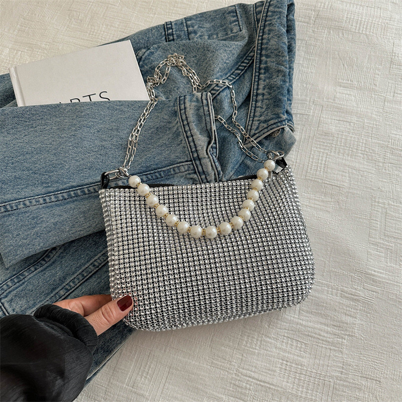 Geantă de mână delicată cu perle pline cu strasuri, geantă de umăr pentru petrecere, auriu strălucitor, geantă de umăr, elegantă, argintie, posetă pentru bani pentru telefon pentru femei