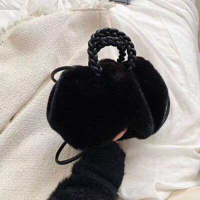 Geantă de mână cu umăr de pluș de toamnă și iarnă, pliată, caldă, cu blană artificială, geantă de mână mică, dulce