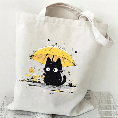 Kawaii Black Cat Graphic Ručne torbice za žene Japanski stil Platnena velika torba Modna torba za rame iz crtića za žene Kitten Bag