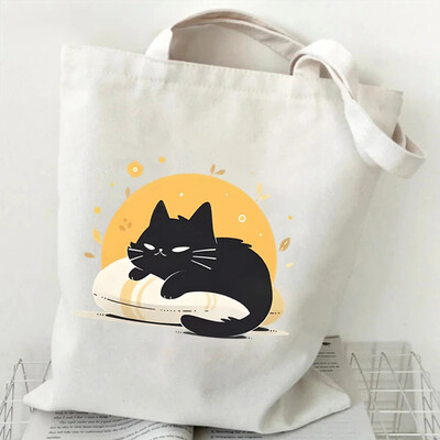 Genți de mână cu grafică Kawaii Black Cat pentru femei, în stil japonez, geantă tote din pânză, geantă de umăr la modă cu desene animate, pentru femei, geantă de pisicuță
