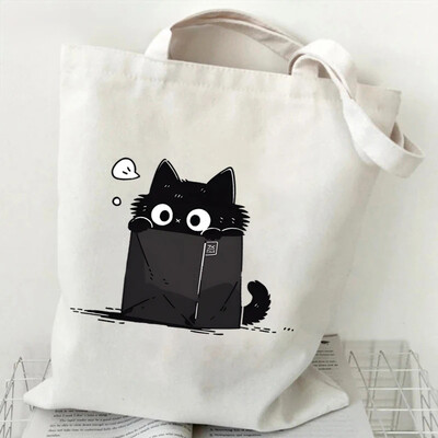 Genți de mână cu grafică Kawaii Black Cat pentru femei, în stil japonez, geantă tote din pânză, geantă de umăr la modă cu desene animate, pentru femei, geantă de pisicuță