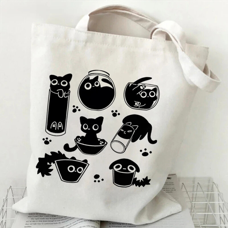 Genți de mână cu grafică Kawaii Black Cat pentru femei, în stil japonez, geantă tote din pânză, geantă de umăr la modă cu desene animate, pentru femei, geantă de pisicuță