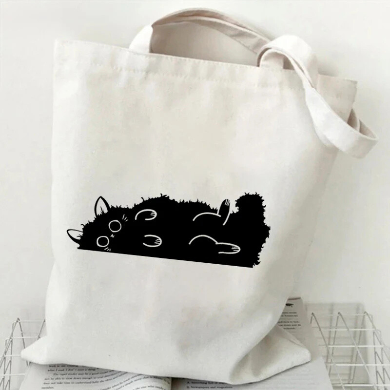 Genți de mână cu grafică Kawaii Black Cat pentru femei, în stil japonez, geantă tote din pânză, geantă de umăr la modă cu desene animate, pentru femei, geantă de pisicuță