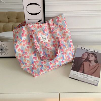 Lielas ietilpības plecu soma Mode retro ziedu kokvilnas auduma iepirkumu somas Rokassomas Grāmatu soma sievietēm