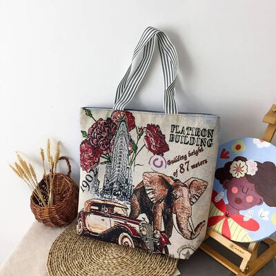 Lielas ietilpības plecu soma Mode retro ziedu kokvilnas auduma iepirkumu somas Rokassomas Grāmatu soma sievietēm