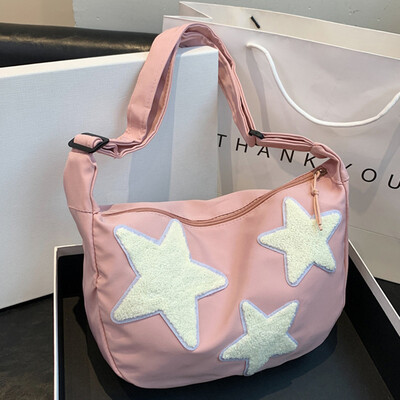 Geantă messenger din pânză pentru femei, geantă de umăr cu stea, curea reglabilă, geantă Hobo Y2k, geantă ghiozdan pentagramă, geantă de călătorie moale