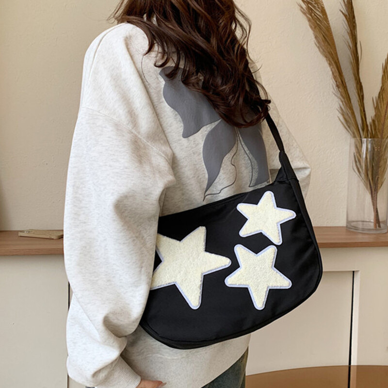 Geantă messenger din pânză pentru femei, geantă de umăr cu stea, curea reglabilă, geantă Hobo Y2k, geantă ghiozdan pentagramă, geantă de călătorie moale