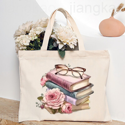 Torba s otisnutim knjigama o cvijeću Književna knjiga Torbe na rame s cvijećem Ilustracije Torbe za knjige za djevojke Putna Harajuku platnena torbica