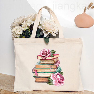 Torba s otisnutim knjigama o cvijeću Književna knjiga Torbe na rame s cvijećem Ilustracije Torbe za knjige za djevojke Putna Harajuku platnena torbica