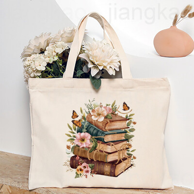 Torba s otisnutim knjigama o cvijeću Književna knjiga Torbe na rame s cvijećem Ilustracije Torbe za knjige za djevojke Putna Harajuku platnena torbica