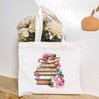 Torba s otisnutim knjigama o cvijeću Književna knjiga Torbe na rame s cvijećem Ilustracije Torbe za knjige za djevojke Putna Harajuku platnena torbica