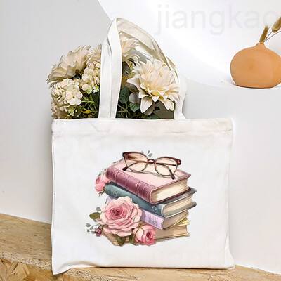 Torba s otisnutim knjigama o cvijeću Književna knjiga Torbe na rame s cvijećem Ilustracije Torbe za knjige za djevojke Putna Harajuku platnena torbica