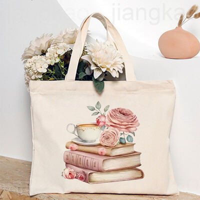 Torba s otisnutim knjigama o cvijeću Književna knjiga Torbe na rame s cvijećem Ilustracije Torbe za knjige za djevojke Putna Harajuku platnena torbica