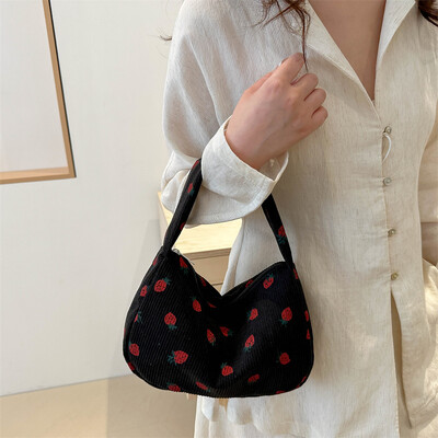 pentru femei Geantă tote cu căpșuni Geantă drăguță din velur cu fermoar Geantă la subrat Geantă hobo pentru vacanță școlară Călătorie pe plajă