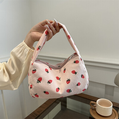 pentru femei Geantă tote cu căpșuni Geantă drăguță din velur cu fermoar Geantă la subrat Geantă hobo pentru vacanță școlară Călătorie pe plajă